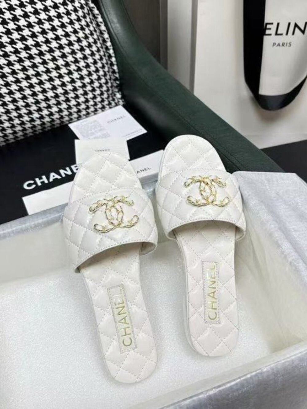 Chanel White Patent Quilted Leather Slide Sandals